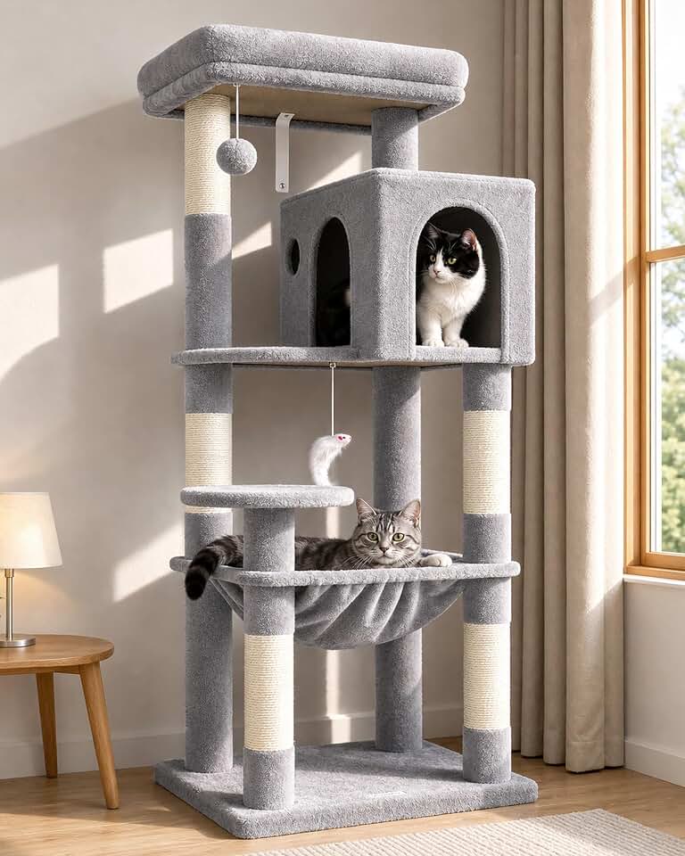 Globlazer Cat Tree Tower with Scratching Post for Indoor Cats, F53 | 53in Space-Saving Multi-Level Climbing Tower with Large Hammock, Spacious Cat Condo House, Padded Top Perch, Light Grey Global Recycled Standard