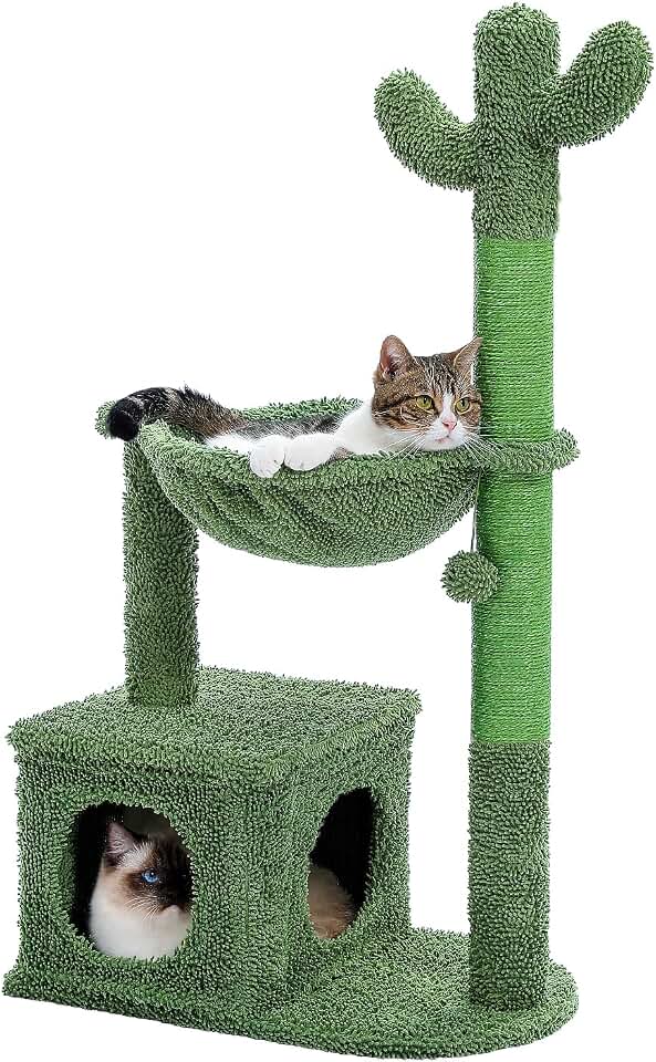 MUTTROS 40" Cactus Cat Tree with Hammock, Condo &amp; Sisal Post, Green | Cactus theme, Metal carpet hammock, Cozy indoor condo, Replaceable pompom toy, Sisal wrapped posts, Sturdy base The Forest Stewardship Council