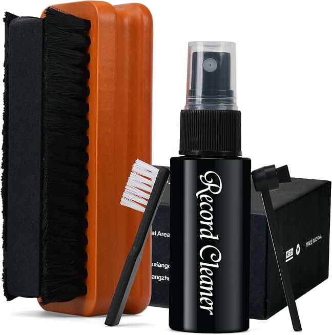 5 in1 Vinyl Records Cleaning Kit, Anti Static Solid Wood Vinyl Record Cleaner Kit, Includes 2in1 Velvet Microfiber Brush, XL Cleaning Liquid, Duster, Stylus Brush, Storage Box for Records Albums-Large