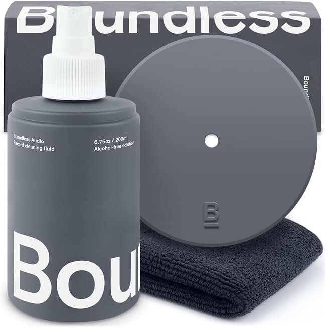 Boundless Audio Record Cleaning Solution - 6.75oz Vinyl Cleaner Fluid | Alcohol-Free Fluid Safe for All Vinyl Types - 12" x 12" Microfiber Vinyl Cleaner Cloth, Silicone Record Label Protector