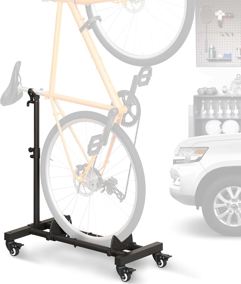 Vertical Bike Stand, Freestanding Bike Rack for Garage Storage, Upright Bicycle Floor Stand with Adjustable Height and 360° Rolling Wheels, Space Saving Indoor Bike Holder for 24"-29" Standard Bikes