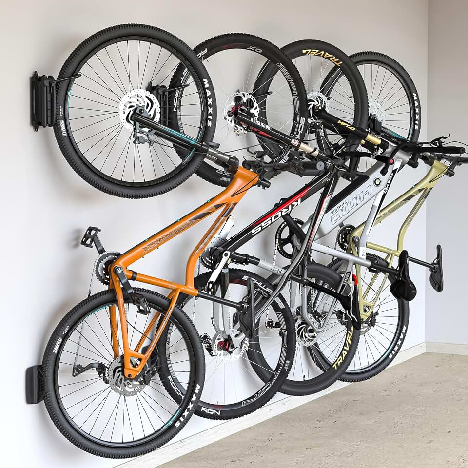 monTEK Swivel Bike Wall Mount, Bike Hangers for Garage, 4 Pack | Heavy-duty vertical wall bike storage rack swivels 150° to save space; holds 66 lb each and fits tires up to 3.54 in wide Global Recycled Standard