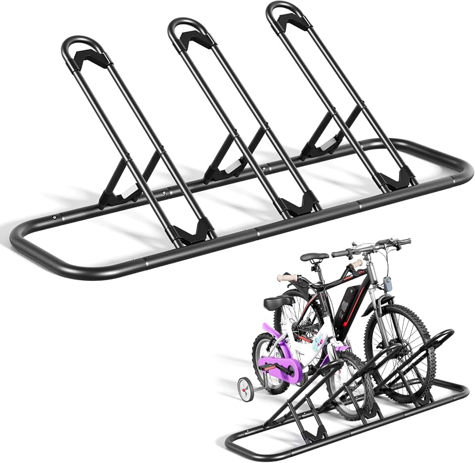 Mr IRONSTONE Bike Rack, Floor Storage Stand for Garage, Indoor/Outdoor Parking Holder, Fits Mountain, Road &amp; Kids Cycles (Black, 3-Slot)