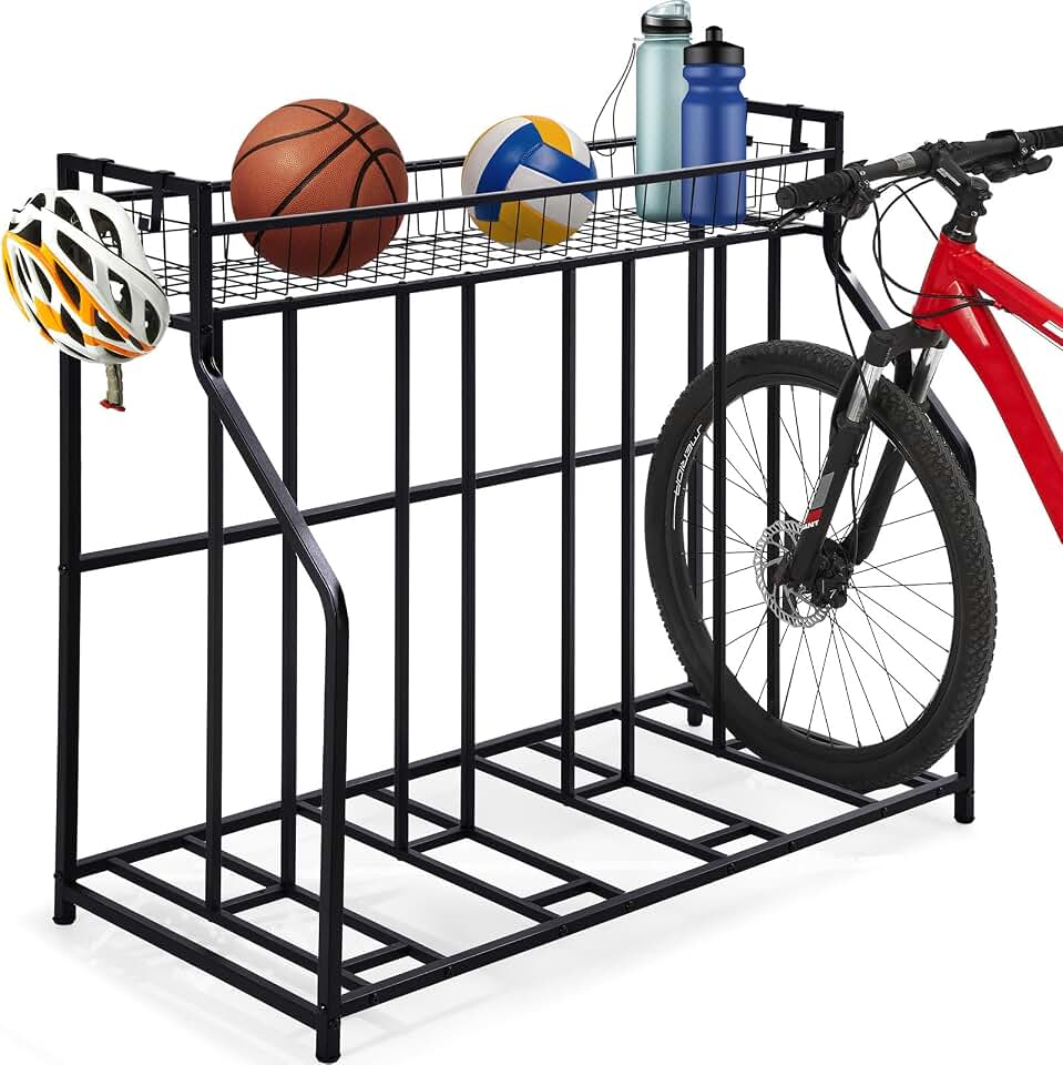 HEALTH LINE PRODUCT 4 Bike Stand, Indoor Bike Storage, Bicycle Rack for Garage - Metal Stability Floor Bicycle Station for Parking Mountain/Road/Hybrid/Fat Tire &amp; Scooters Bike Rack for Garage