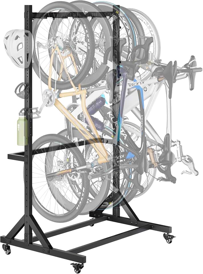 monTEK Freestanding Bike Storage Rack with Wheels for 5 Bikes | Heavy Duty 350LBS Vertical Bike Stand, 5 Bike Hooks &amp; 6 Helmet Hooks, Indoor and Outdoor Bike Storage Rack, Locking Casters Global Recycled Standard