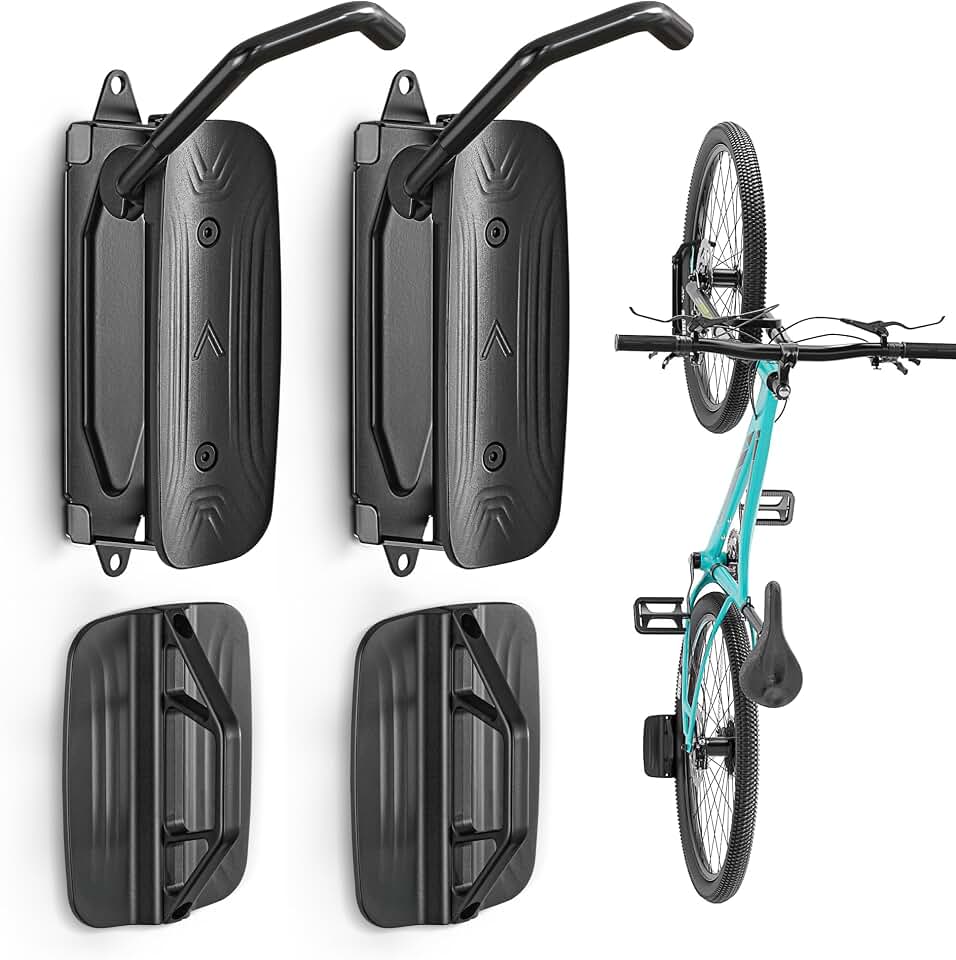 monTEK Swivel Bike Wall Mount, Bike Hangers for Garage, 2 Pack | Heavy-duty vertical wall bike storage rack swivels 150° to save space; holds 66 lb each and fits tires up to 3.54 in wide Global Recycled Standard