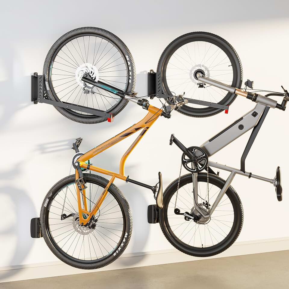 monTEK No-Lift Swivel Bike Wall Mount, Bike Hangers for Garage, 2 Pack | Space-saving bike storage rack pivots 120°; 4 settings fit 16-29 in wheels and tires up to 3.54 in wide; holds 77 lb each Global Recycled Standard
