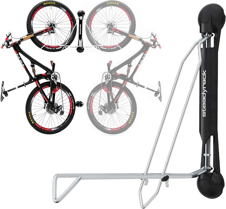 Steadyrack Swivel Bike Wall Mount, Vertical Mountain Bike Rack, Garage | Fits 24 to 29 in wheels and 2.1 to 2.8 in tires. Roll-in, no lift, holds mountain and gravel bikes to 77 lb.