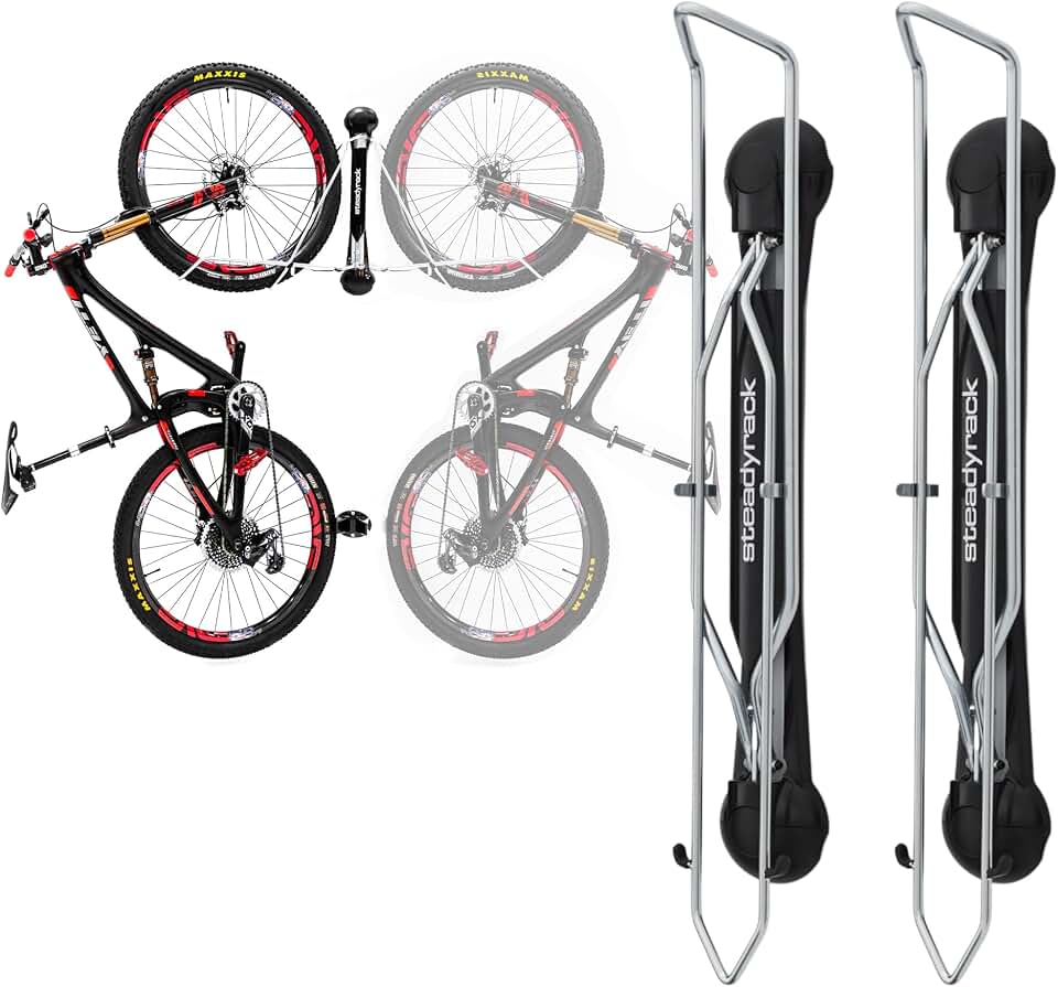 Steadyrack Swivel Bike Wall Mount, Vertical Mountain Bike Rack, Garage | Fits 24 to 29 in wheels and 2.1 to 2.8 in tires. Roll-in, no lift, holds mountain and gravel bikes to 77 lb.