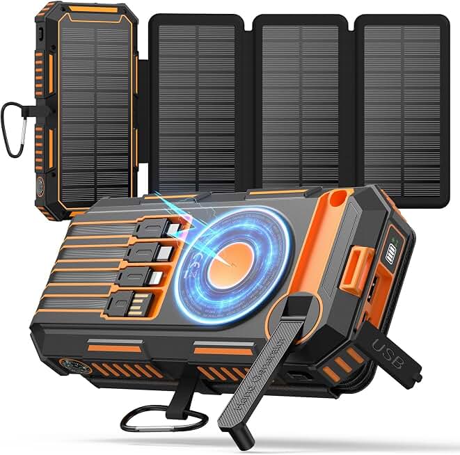 FEELLE Solar Power Bank 50000mAh Magnetic Portable Charger with Hand Crank | Built in 4 Cables &amp; 4 Solar Panels, PD QC 3.0 Fast Charging Battery Pack, Flashlight for Outdoor, Charge 6 Devices at Once