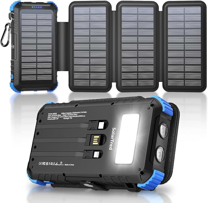 Solar Power Bank 20000mAh with 4 Panels | Solar Charger with Build-in 3 Cables