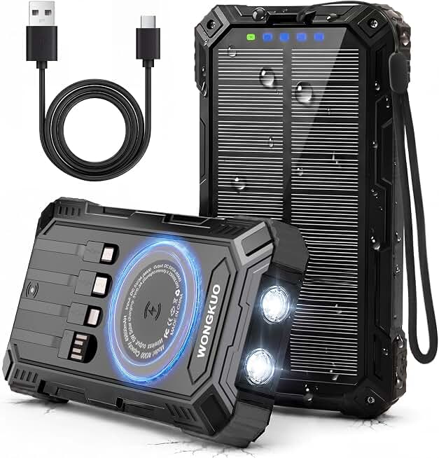 Solar Charger Power Bank - 49800mAh QC3.0 Fast Charging Portable Charger | 5V/3.1A Wireless Solar Battery Charger Built-in 4 Cables with USB C &amp; Flashlight, Power 6 Devices for iPhone/Android(Black)