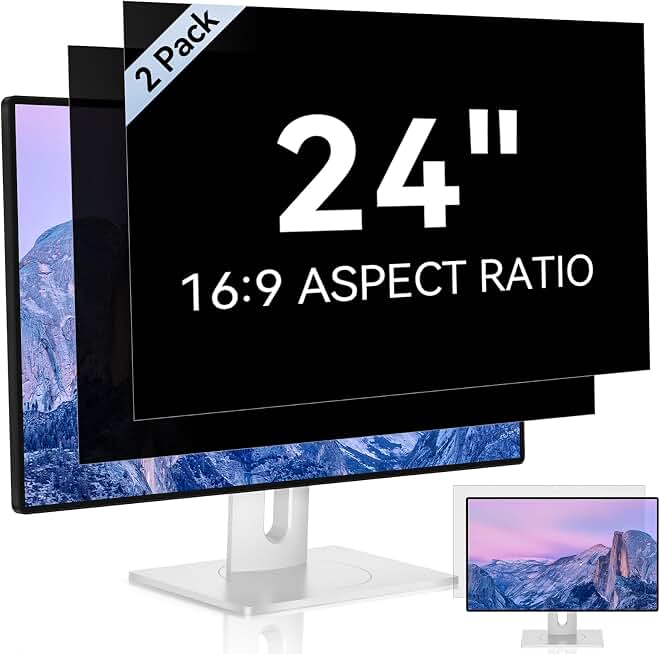 [2 Pack] 24 Inch Computer Privacy Screen Filter for 16:9 Widescreen Monitor | Anti Glare, Anti Blue &amp;UV Light, Anti Spy, Eye Protect, Protector, Film, Shield, Fit, Removable, Reusable, 9H, Black, Quality