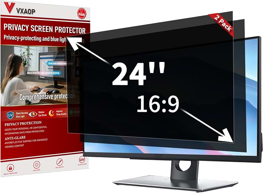 [2-Pack] 24 Inch Computer Privacy Screen Filter (16:9 Aspect Ratio) | Removable, Anti-Glare &amp; Blue Light Filter, Compatible with HP, Dell, LG, ASUS, Acer, Samsung, Lenovo &amp; ViewSonic Monitors