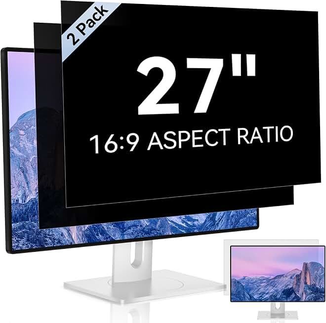 [2 Pack] 27 Inch Computer Privacy Screen Filter for 16:9 Widescreen Monitor | Anti Glare, Anti Blue &amp;UV Light, Anti Spy, Eye Protect, Protector, Film, Shield, Fit, Removable, Reusable, 9H, Black, Quality