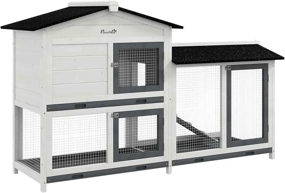 PawHut 62" Rabbit Hutch with Run Area for Rabbits, Chickens, White | Wooden Bunny Hutch, Guinea Pig Cage, Small Animal Enclosure, Removable Tray, Asphalt Roof, Lockable Doors, Ramp for Ducks