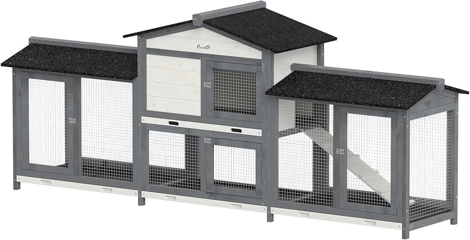 PawHut 90.5" Wooden Rabbit Hutch Bunny Cage Pet Playpen House Enclosure with Double Side Run Boxes, No Leak Tray, Ramp, for Guinea Pig and Small Animals, Light Gray