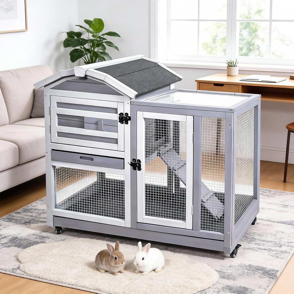 GEGURI Wooden Rabbit Hutch, Indoor Outdoor Chicken Coop Bunny Cage with Waterproof Roof The Forest Stewardship Council