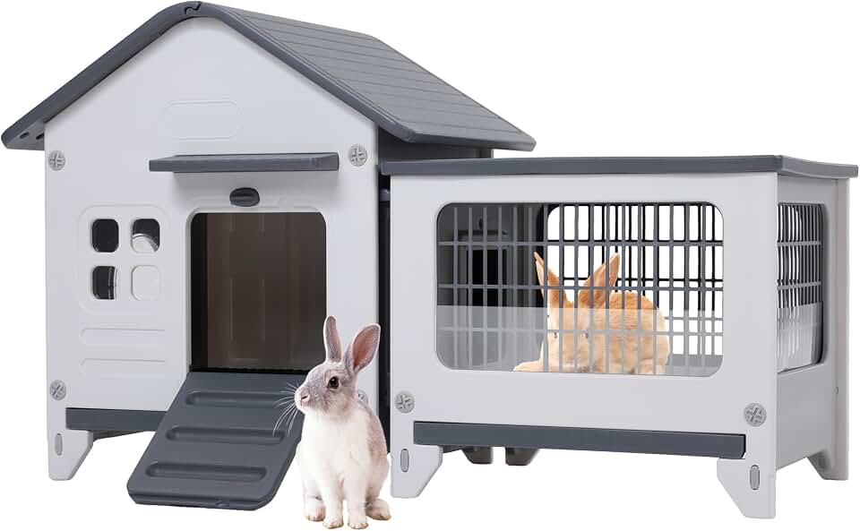 Rabbit Hutch Indoor &amp; Outdoor with Extended Play Area, Plastic Rabbit Hutch with Sloped Roof Drainage, Panoramic Windows, Urine Barrier &amp; Pull-Out Tray, Rabbit Cage with Run Easy to Clean and Assemble