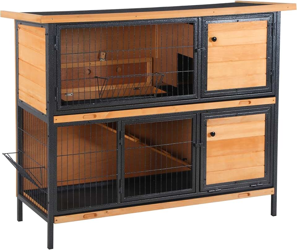 PawHut 48" 2-Story Large Rabbit Hutch with Metal Frame, Ramp for Rabbits | Bunny Cage, Wooden Pet House, Rooms, No Leak Tray, Feeding Trough, Waterproof Asphalt Roof, Chickens, Ducks, Outdoor/Indoor