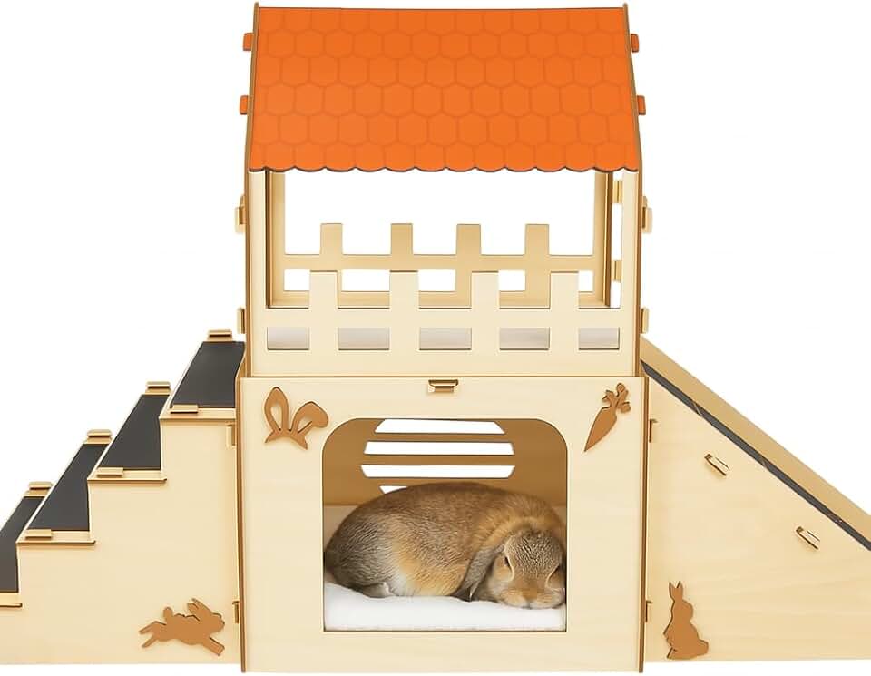 OtterPets Extra Large Bunny Hideout, Wooden Rabbit Castle with Fleece Mats | Pet-safe wood joints (no rubber bands), rabbit hideout made of safe wood, bunny house indoor; chinchilla and guinea pig safe