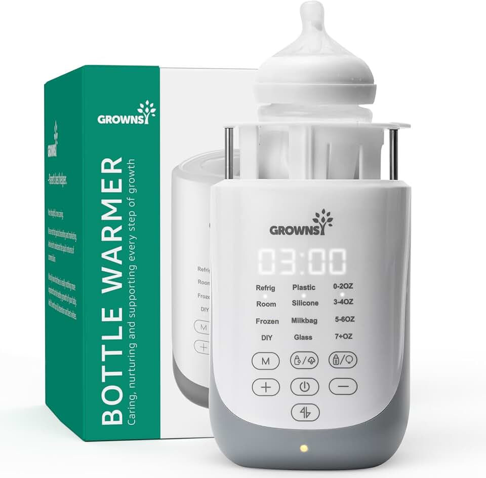 Grownsy Auto-Lift Nutri Bottle Warmer for Breastmilk &amp; Formula, Gray | Fast Even Heat, Precise Temp, Retain Full Nutrients, Soft Night Light for Night Feeding, Compact 10-in-1 Baby Bottle Warmer Global Recycled Standard