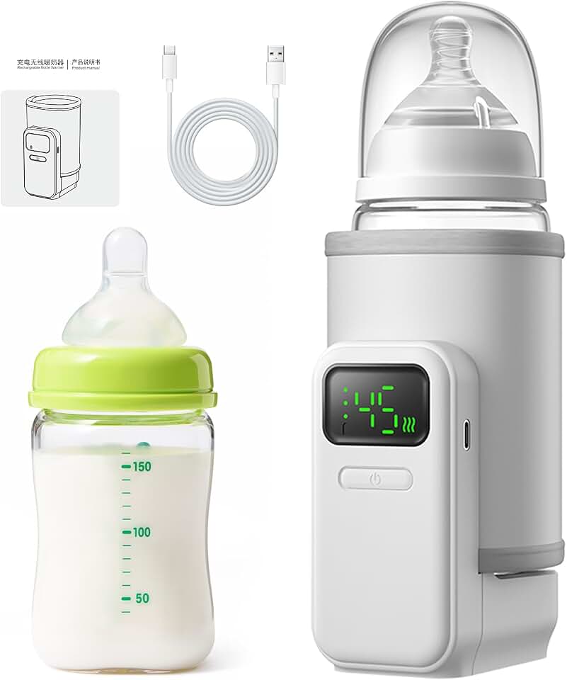 Portable Bottle Warmer with 6 Temperature Gears &amp; Digital Display | Type-C Charging,Rechargeable Milk Heating Sleeve,360 Degree Wrap Even Warming Bottle Keep Warmer for Travel Home Outdoor