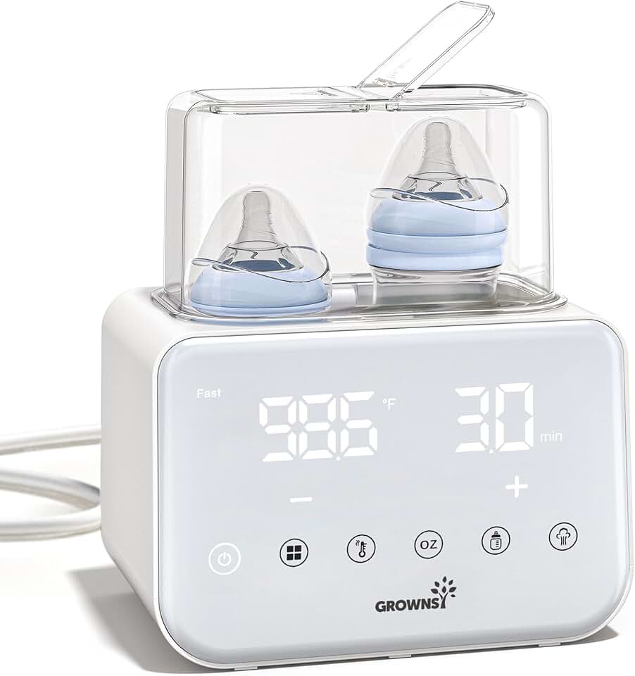 GROWNSY Fast Double Baby Bottle Warmer for Breastmilk &amp; Formula, Beige | 10-in-1 Functions, Precise Temp Control, LCD Display, Timer, Defrost, Sterilize, 24H Keep Warm, Baby Food Heating Global Recycled Standard