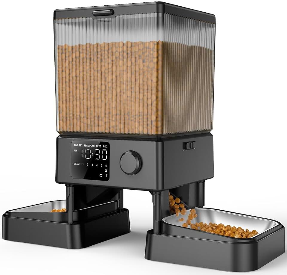 oneisall Automatic Cat Feeder for 2 Cats Pets, Timed Cat Food Dispenser | 20 Cups/5L, Prevent Fighting, Precise Portion, Balanced Dispense, Non-Slip &amp; Stable, Voice Recorder, Stainless Steel Bowls Global Recycled Standard ISCC PLUS