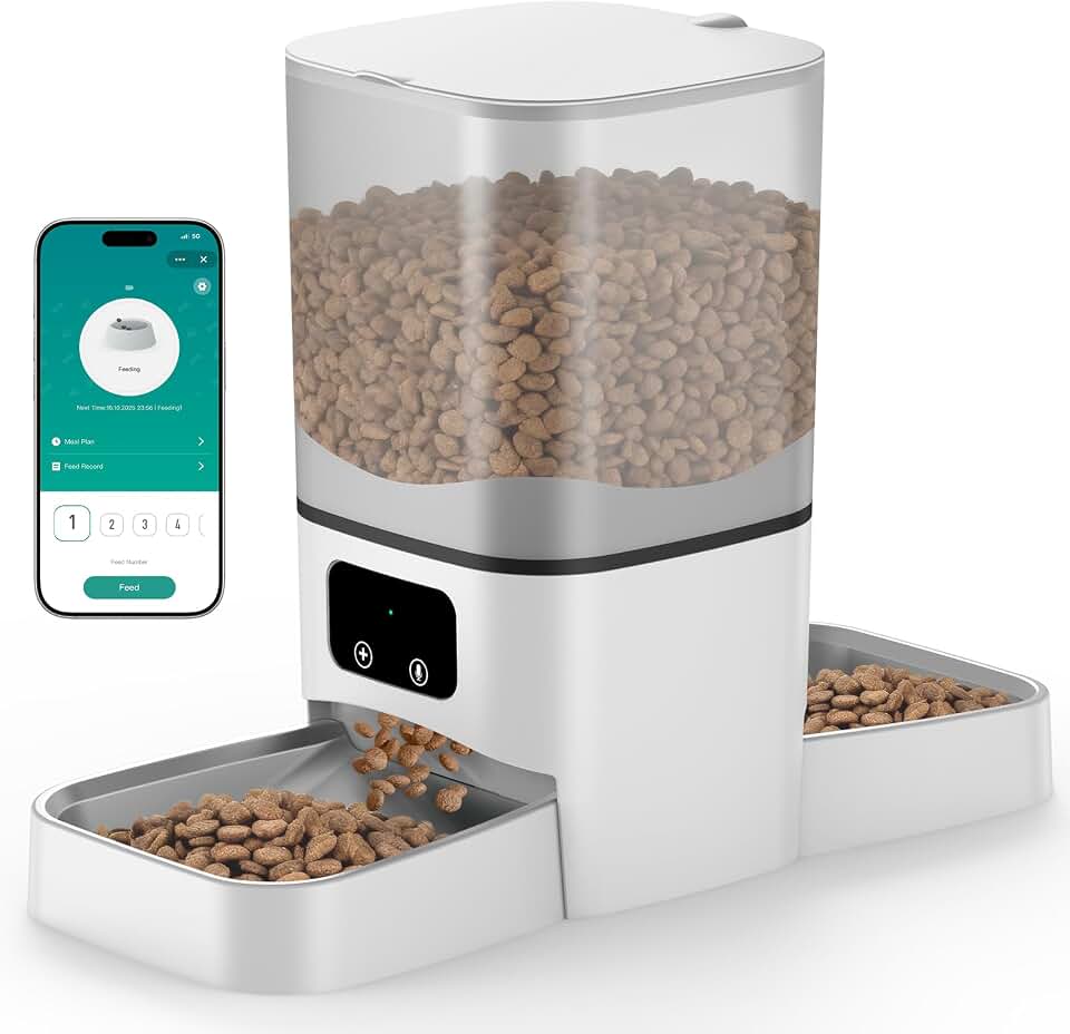 6L Automatic Cat Feeder for 2 Cats, APP Control, Precise Portion Control | Timed Dry Food Dispenser with 2 Stainless Steel Bowls, 2.4G WIFI Connection, Dual Power Supply, 10s Voice Recorder