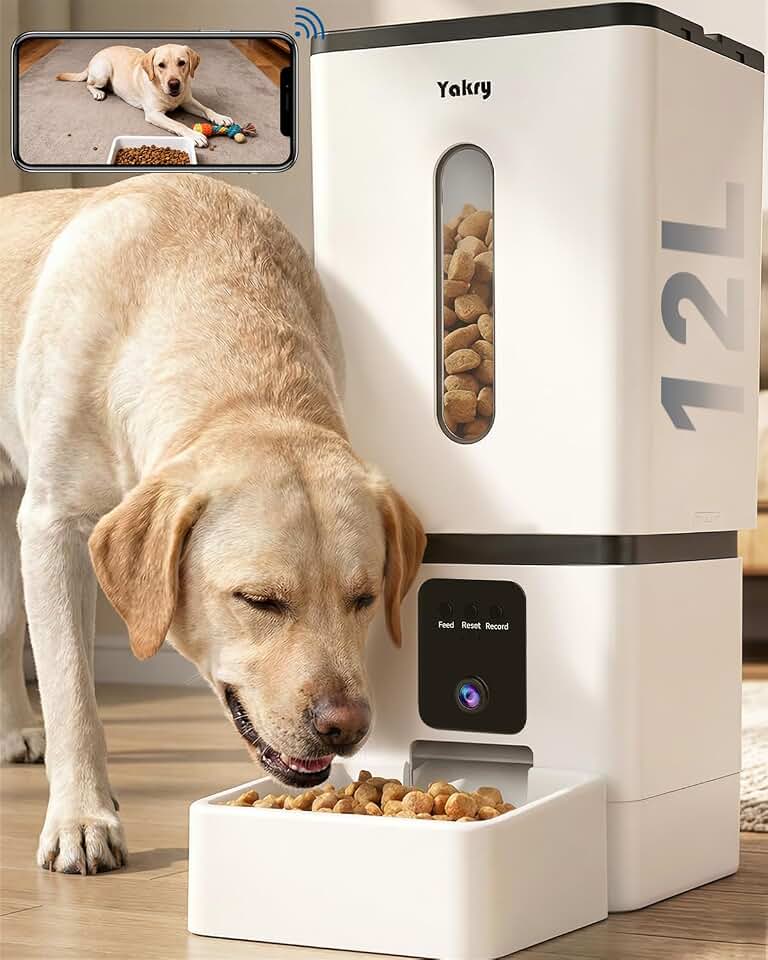Automatic Dog Feeder Large Breed: 12L/50 Cup Capacity for Kibble up to 20mm | Anti-Clog Dog Food Dispenser - HD 1080P Camera for Remote Mealtime Check-Ins - WiFi App Scheduling Easy Setup by Yakry
