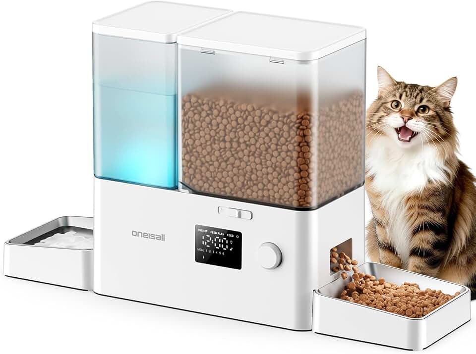oneisall Automatic Cat Feeder and Water Dispenser, 36Cups/8.5L | 2-in-1 Auto Cat Feeder&amp;Gravity Water Dispenser, Large Capacity, Timed Cat Feeder for Dry Food, for Indoor Cats, Kittens, Pets Global Recycled Standard ISCC PLUS