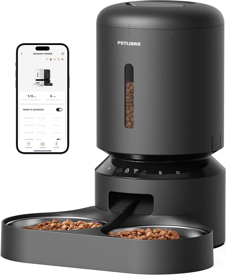 PETLIBRO Automatic Cat Feeder for 2 Cats, 5G&amp;2.4G WiFi Pet Feeders, 5L Programmable Cat Food Dispenser with Airtight Lock-Fresh Technology, Dual Stainless Steel Bowls, Low Food Sensor
