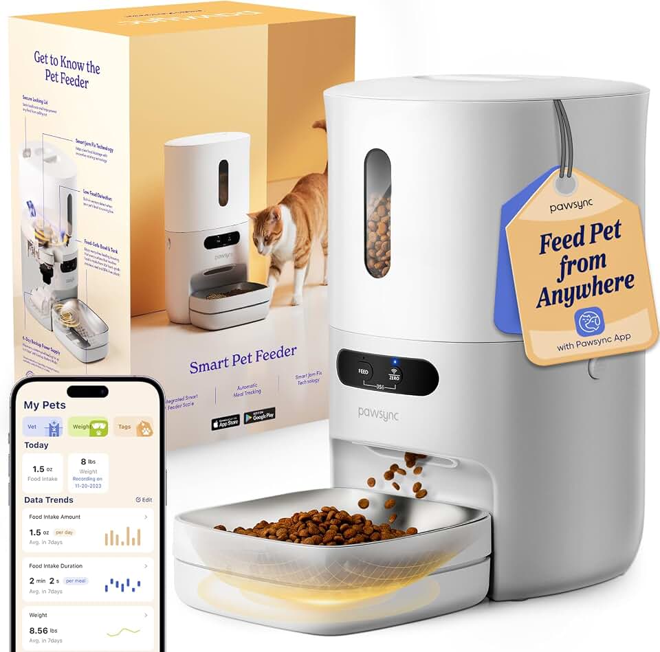 Pawsync Automatic Cat Feeder, WiFi &amp; Smart Scale, Remote Feeding | Tracks Pet's Food Intake, 3.6L Timed Food Dispenser, Up to 10 Meals Per Day, Dual Power Supply, Stainless Steel Bowl