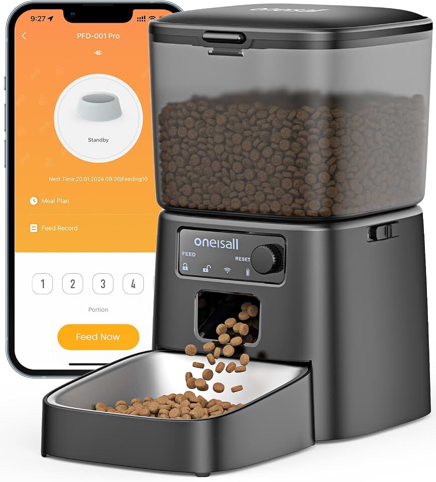 oneisall 2.4 GHz Wi-Fi Automatic Cat Feeder, 3.5L/15 Cups | Timed Meals, Feed Now, Feeding Logs, Slow Feed, Precise Portion, Dual Power Backup, Family Share, Stainless Steel Bowls Global Recycled Standard ISCC PLUS