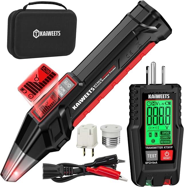 KAIWEETS Circuit Breaker Finder with LCD Display, GFCI Outlet Tester, Electrical Circuit Tracer Tool with NCV Test &amp; Flashlight, Includes Carrying Case and Adapters- KT301P