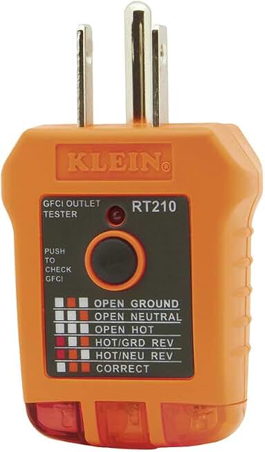 Klein Tools RT210 Outlet Tester, Receptacle Tester for GFCI / Standard North American AC Electrical Outlets, Detects Common Wiring Problems