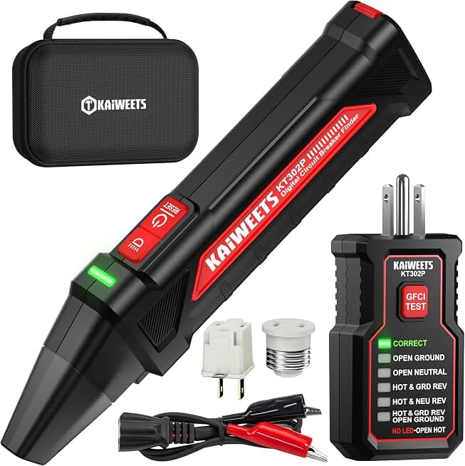 KAIWEETS Circuit Breaker Finder Tool Kit, GFCI Outlet Tester with Dual-Sided LED Indicators, Electrical Circuit Tracer Tool with Flashlight, Includes Carrying Case and Adapters- KT302P