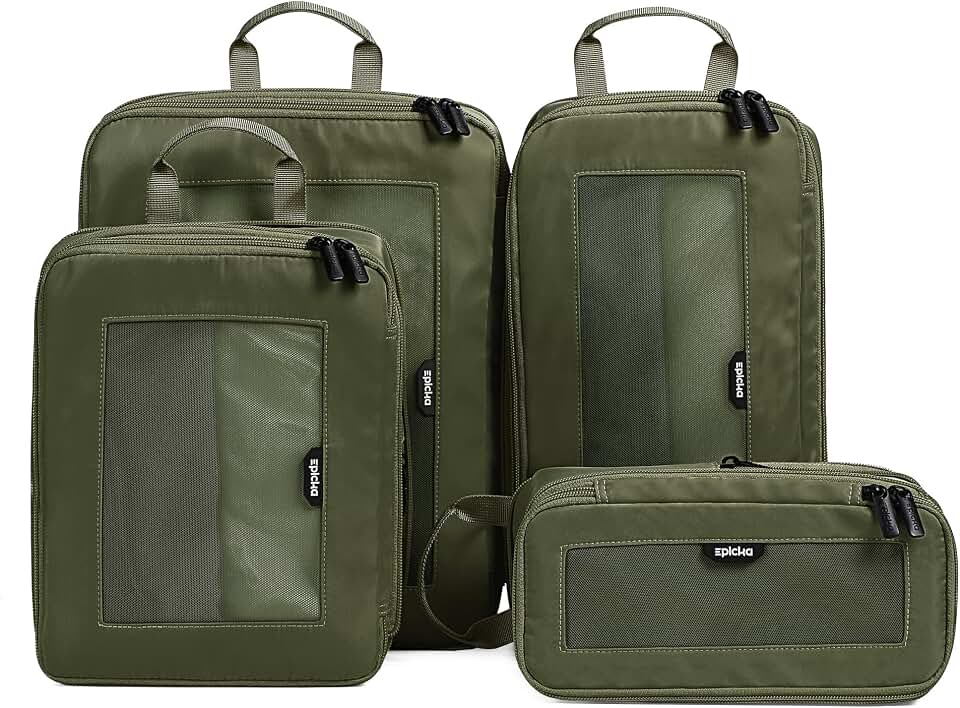 EPICKA TripCozy Compression Packing Cubes, 4 Set, Olive Green | Durable Expandable Travel Organizer Bags with Mesh Tops for Space-Saving Storage of Clothes &amp; Accessories in Luggage
