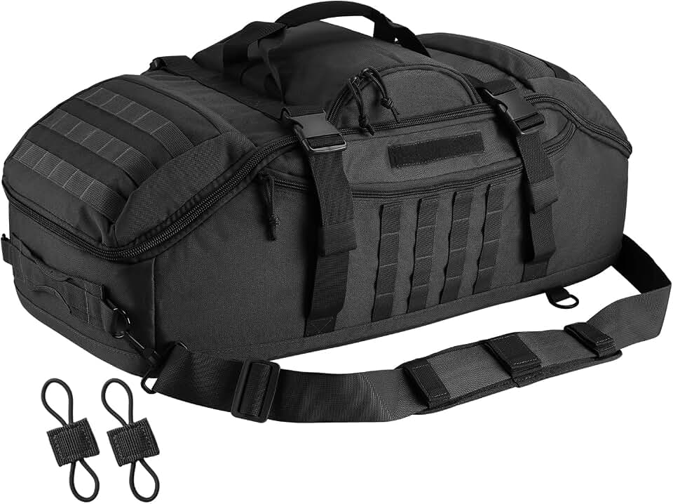 Hannibal Tactical 65L Large Duffle Bag, 3-in-1 Tactical Backpack MOLLE Pack for Sports, Gym, Outdoor, Black Global Recycled Standard