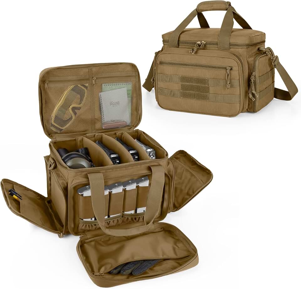 DSLEAF Tactical Gun Range Bag for 4 Handguns, Pistol Range Bag for Shooting | 6x Magazine Slots, Lockable Zipper, Extra Essentials Pockets, Portable Handle &amp; Padded Shoulder Strap