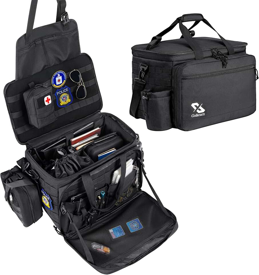 Golkcurx Patrol Bag for Law Enforcement Police Gear, Water-resistant, Black | Heavy Duty Police Duty Bag, Front Seat Organizer, Adjustable Modular Interior, MOLLE System, for Patrol Officers Security