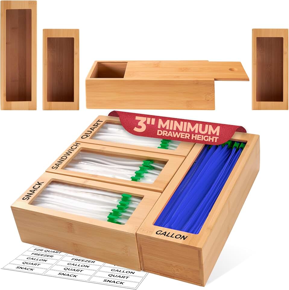 Bamboo Storage Bag Organizer for Kitchen Drawer, Plastic Baggie Organizer | Fits gallon, quart, sandwich &amp; snack sizes, 4 modular blocks, quick rear refill, labels included, 12.7"x12"