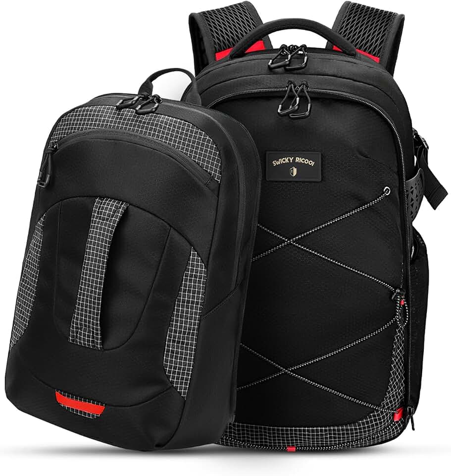 Modular 2 in 1 Travel Backpack with Detachable Daypack, 56L Carry On Backpack Flight Approved, Heavy Duty Ripstop Laptop Backpack for Men Women, Personal Item Weekender Bag, Black