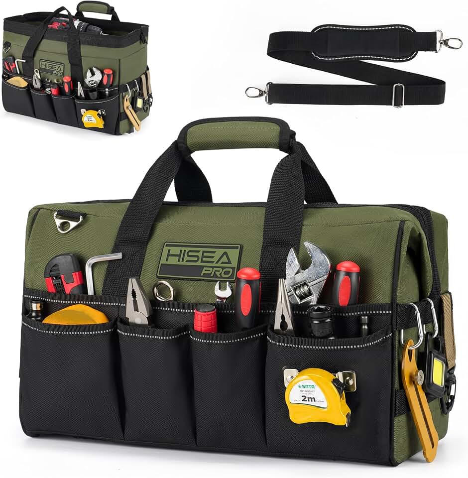 HISEA Heavy Duty Tool Bag 20 Pockets, 16-Inch Portable Tool Box Organizer | Waterproof, Wide Mouth, Large Storage Toolbag for Electrician, Tradesman, with Adjustable Shoulder Strap, Soft Handle