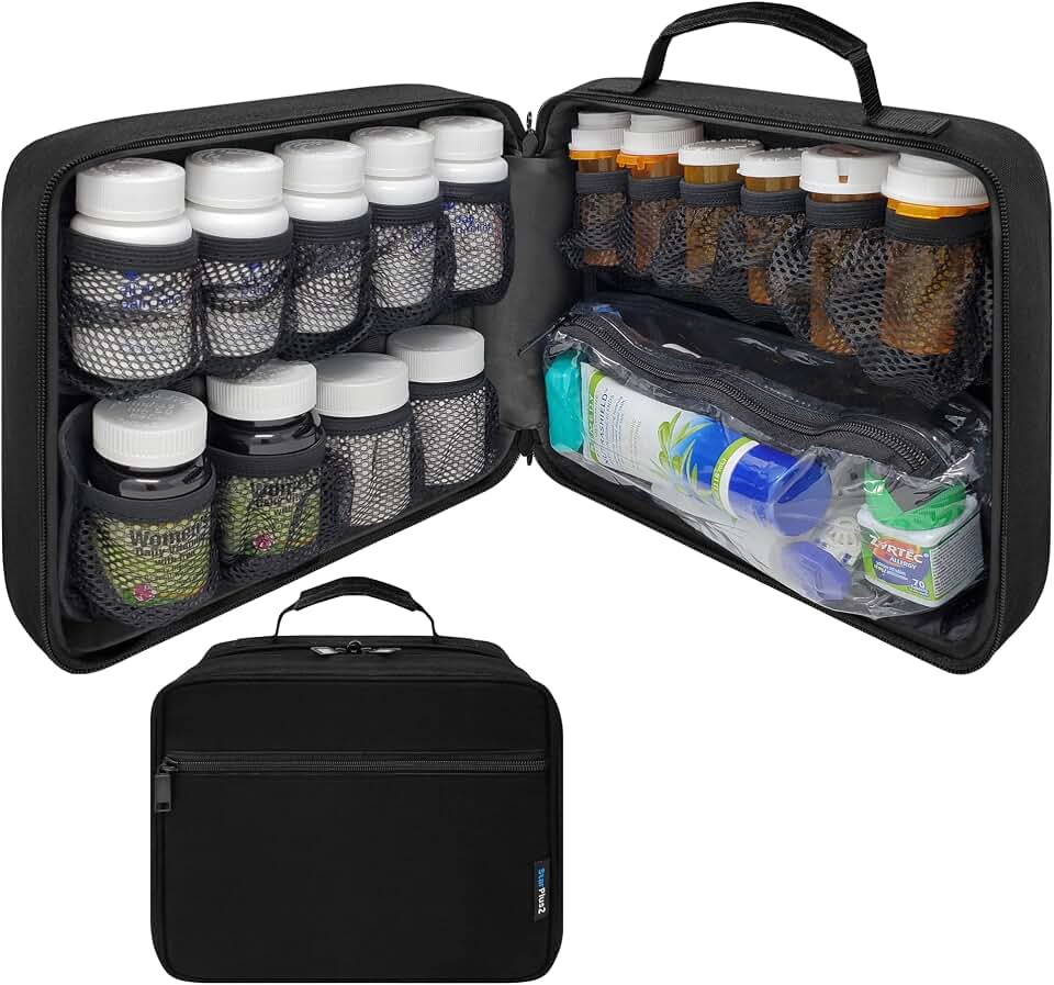Large Padded Pill Bottle Organizer, Modular Medicine Bag | includes 15 bottle pockets on removable panels, flexible storage for prescription bottles, medications, vitamins, supplies