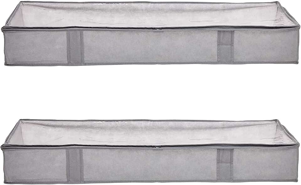 Amazon Basics Under Bed Storage Bags for Clothes and Blankets, Foldable Fabric Zipper Container with Clear Window and Reinforced Handles, Space Saving, 18 x 42 x 6 inches, Gray, 2-Pack