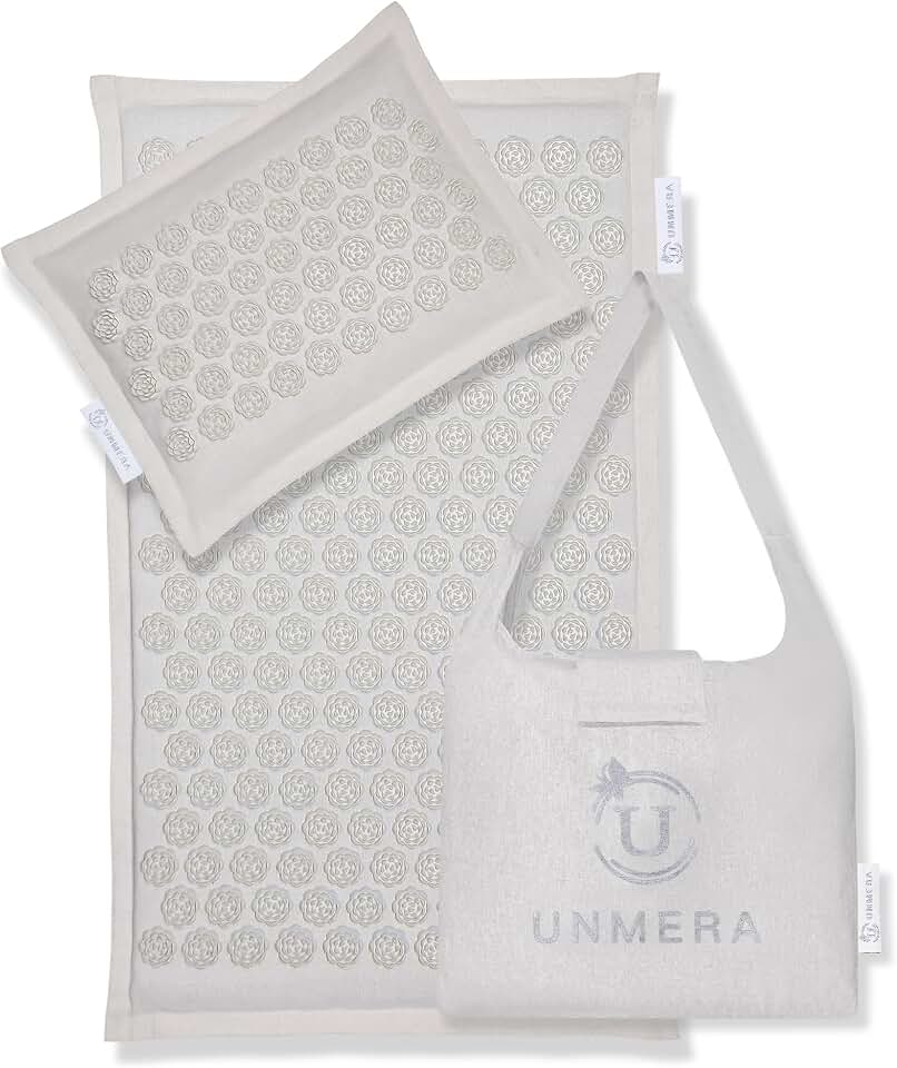 UNMERA Acupressure Mat and Pillow Set,Natural Linen &amp; Coconut Fiber Filling | Back/Neck Pain Relief, Sciatic, Headache and Muscle Relaxation, Comes with Carrying Bag