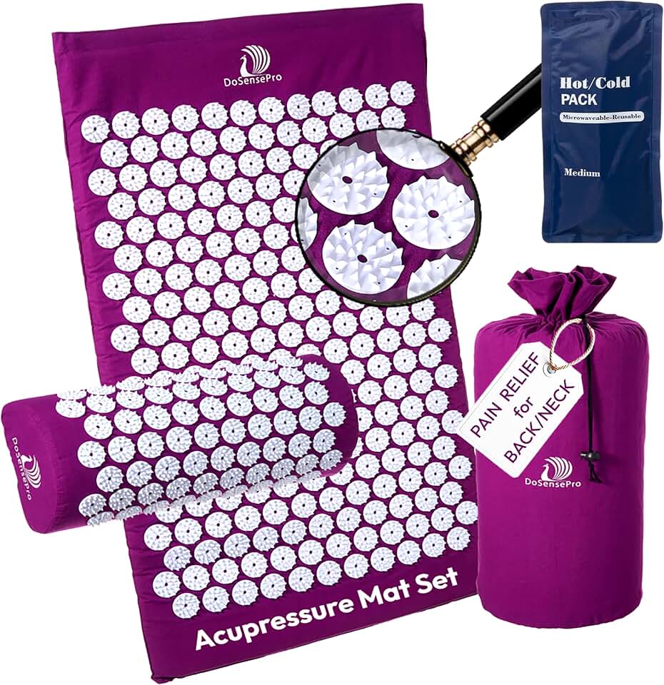 Acupressure Mat &amp; Pillow Set, 4-in-1, 29", Hot/Cold Pack, Purple | Acupuncture Mat Helps Ease Back, Neck &amp; Sciatica Pain While Supporting Muscle Relaxation, Stress Relief, Recovery And Sleep.