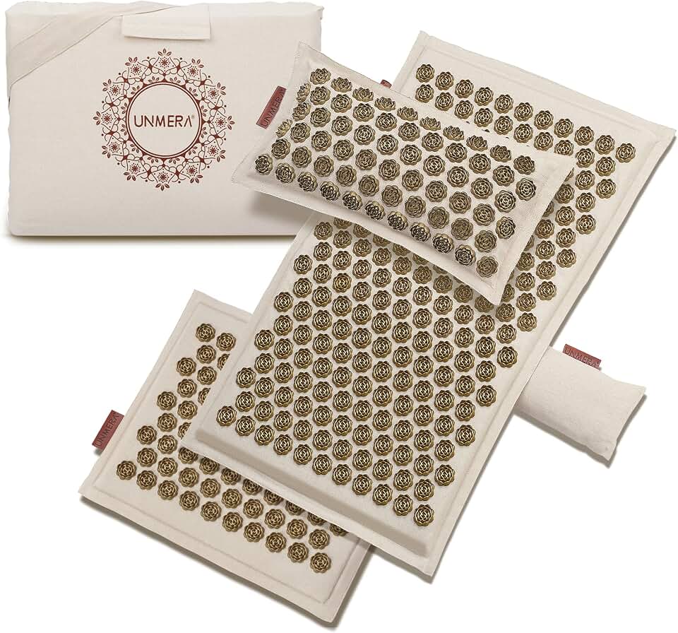 UNMERA Acupressure Mat and Pillow Set,Natural Linen &amp; Coconut Fiber Filling | Back/Neck Pain Relief, Sciatic, Headache and Muscle Relaxation, Comes with Carrying Bag